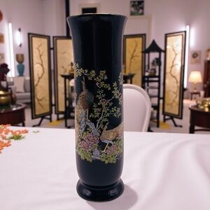 Vtg Otagiri Peacock Ceramic Vase Crown Iris BlackGold Accents 6.5" Tall Japanese